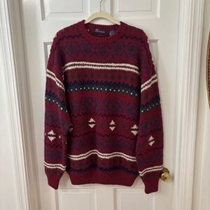 VTG Smith-Forester Chunky Wool Sweater L‎ Maroon Burgundy Fair Isle Knit FLAW